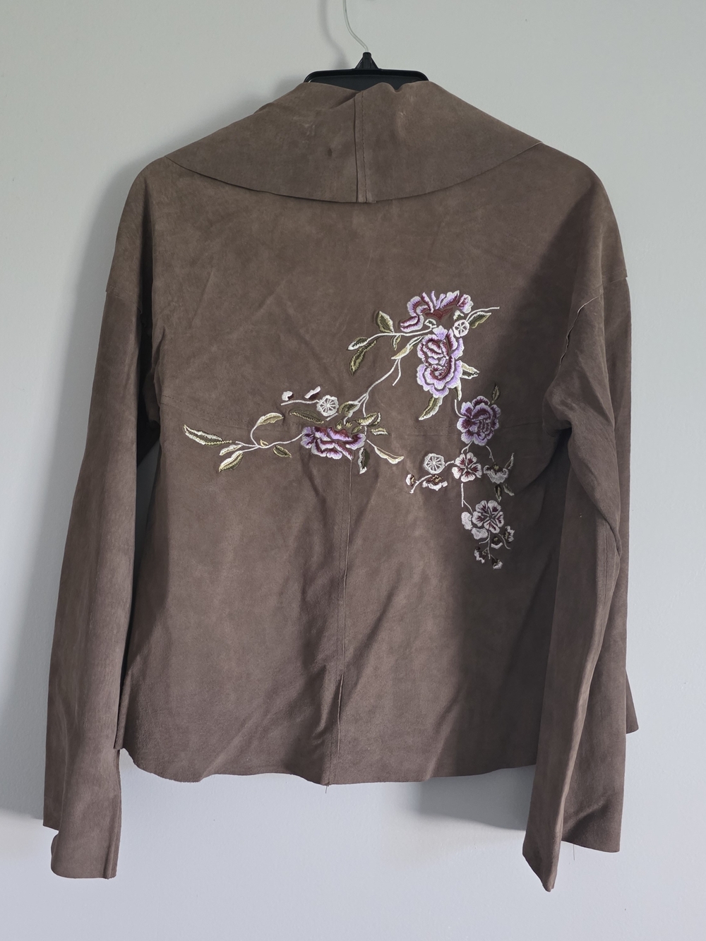 Womens Brown Leather Floral Embroidered Button Flared Sleeve  Jacket Sz 6 Vtg